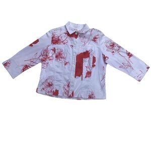 Lilly of California M Blouse Button-Up Red White Floral Artistic Librarian Chic